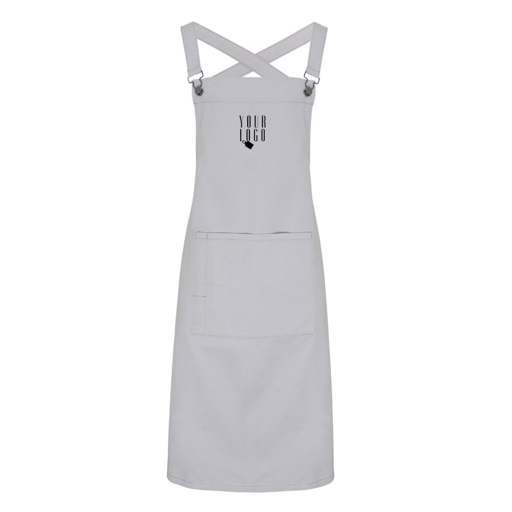 Customised workwear silver grey apron with personalised logo design and branding